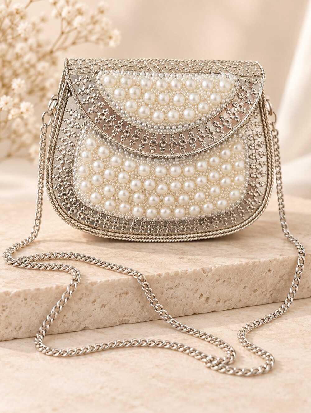 Silver Pearl Embellished Mini Clutch Bag | Bridal Evening Purse
